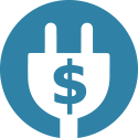 Dollar sign with electric plug icon over solid blue circle