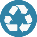 White recycle icon over solid blue circle